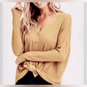 American Eagle Camel Button-Up Waffle Knit Sweater